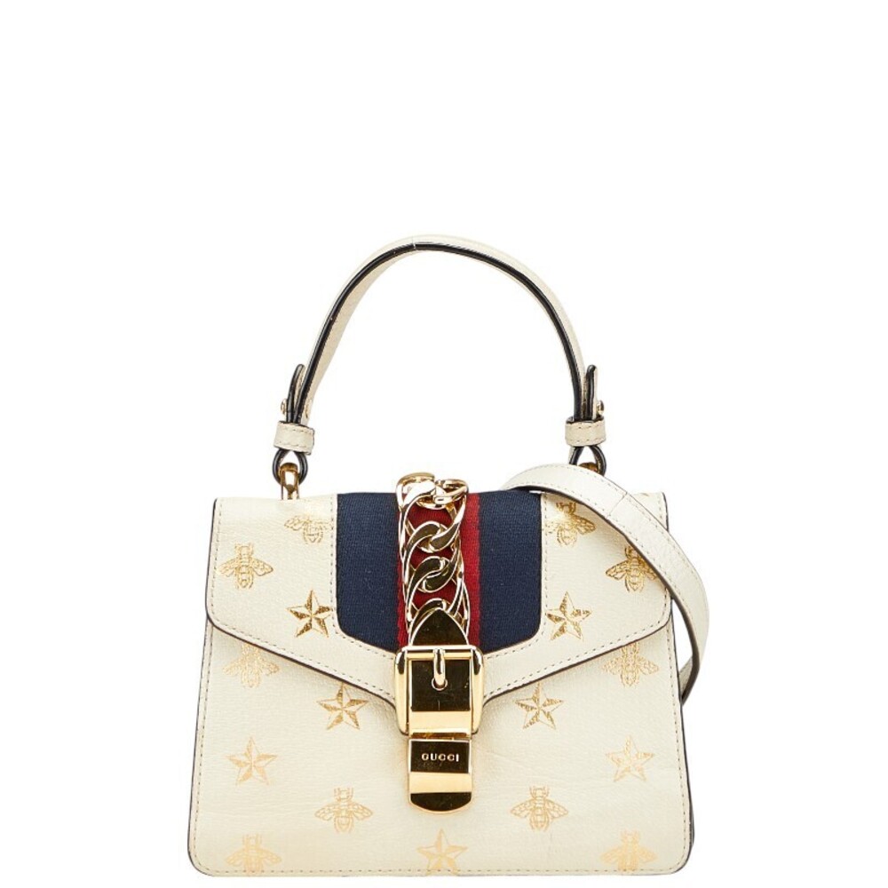 Gucci Sylvie Bee Star Handbag Shoulder Bag White Gold Leather